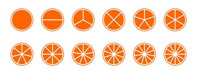 Orange circles divided into fractions from 1 to 12 isolated on white background. Round shapes cut in equal parts. Simple circular diagrams, statistic wheels, business charts. Vector flat illustration.