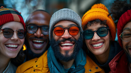 A close-up photograph of diverse faces filled with genuine smiles and laughter, capturing the universal happiness and joy of shared moments with loved ones.