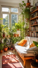 A warm, sun-drenched nook features a comfortable daybed, surrounded by flourishing indoor plants, creating a serene spot for relaxation or reading - Generative AI