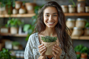 Obraz premium A happy customer discovering eco-friendly and sustainable products, their purchase aligning with their values and beliefs. Concept of conscious online shopping. Generative Ai.