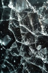 A close up of a broken glass window with some water on it, AI