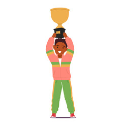 Sportsman Boy Character Holding A Trophy Over his Head, Showcasing A Gesture Of Victory, Vector Illustration