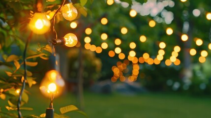 outdoor party lights hanging on backyard strings with bokeh table and chairs background - obrazy, fototapety, plakaty