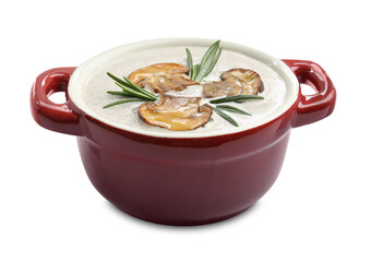 Fresh homemade mushroom soup in ceramic pot isolated on white