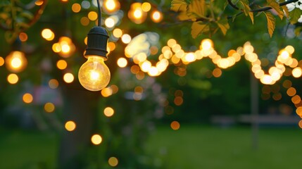 outdoor party lights hanging on backyard strings with bokeh table and chairs background - obrazy, fototapety, plakaty