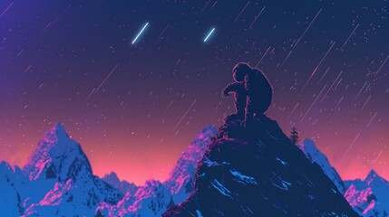 Stylized image of king kong observing the starry sky on a mountain peak in neon colors - obrazy, fototapety, plakaty