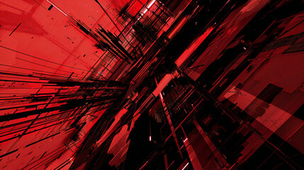 Modern Artistry: Red Metallic Abstraction with Black Cyber Lines and Geometric Shapes - obrazy, fototapety, plakaty