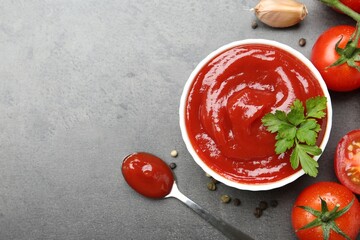 Delicious tomato ketchup in bowl, spices and products on grey textured table, flat lay. Space for...