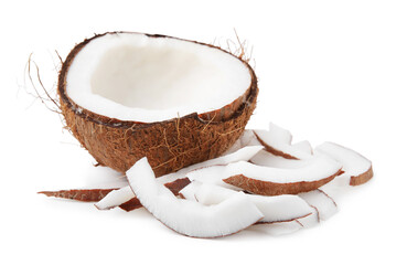 Obraz premium Pieces of fresh coconut isolated on white