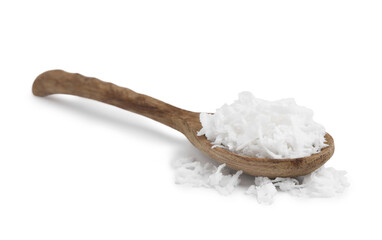 Coconut flakes in wooden spoon isolated on white