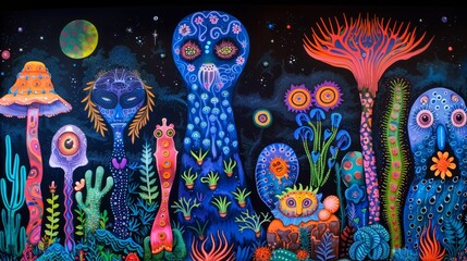 Fototapeta premium A painting of a colorful scene with many different plants and animals, AI