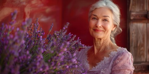 older woman gracefully holds a beautiful bouquet of lavender against a vibrant red background, exuding tranquility and sophistication.