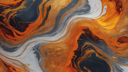 An image of marble-like patterns melting under a cascade of vibrant-colored goo, blending hues of molten gold, fiery orange, and shimmering silver against a backdrop ULTRA HD 8K - obrazy, fototapety, plakaty