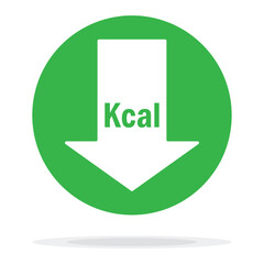 Calories reduction icon. Low kilocalories graphics sign with arrow. Kcal reduction isolated symbol on white background. Symbol of healthy nutrition. Vector illustration. Kilocalorie symbol emblem.