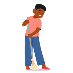 Black Boy Sweeping The Floor With A Broom. Diligent Child Character Wearing Blue Jeans And Pink T-shirt Sweeps