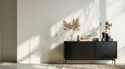 Modern black chest of drawers with pictures and decorative plants near white wall with window shape sunlight - obrazy, fototapety, plakaty
