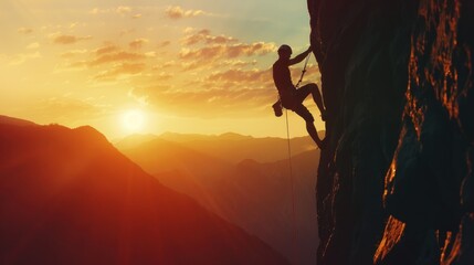 Silhouette of brave heroic man trying to climb with rope in mountain valley at sunset