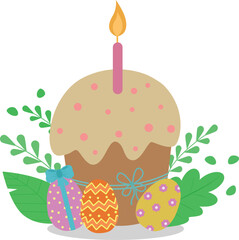 Easter cake with colorful eggs and a burning candle. Easter vector illustration of a cute Easter cake for digital printing, greeting card, sticker, badge, design.