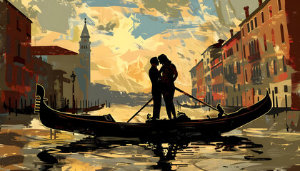 Clipart of a couple sharing a kiss on a gondola in Venicear74v60 Generative AI - obrazy, fototapety, plakaty