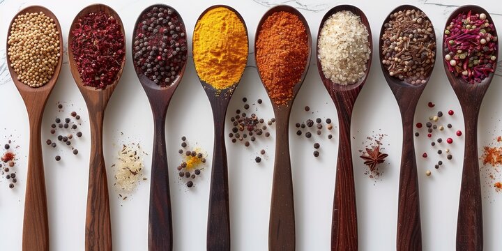 row of spoons holding an array of fragrant, colorful spices, creating a visually striking and aromatic display.