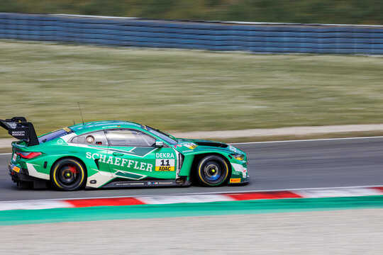 Oschersleben, Germany,April 29, 2024: Scenic motion blur view fast LAMBORGHINI HURACAN GT3 EVO 2 DTM at Oschersleben Motorsport Arena race track. European motors auto sport competition.