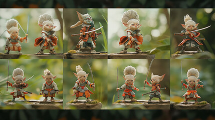 A dynamic montage showcasing a cute Vidra in various samurai-inspired poses and gestures, with each quadrant depicting the creature exploring the art of bushido, practicing discipl