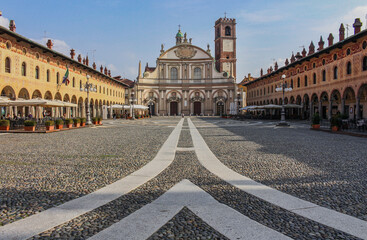Piazza Ducale of Italian city Vigevano in Renaissance style, beautiful and majestic square, travel...