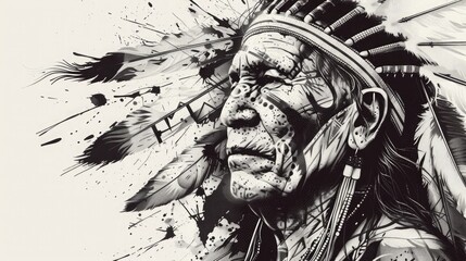 An iconic Native American chief in a black and white vector illustration, capturing the tribal art and rich culture. Feathered headdress, the design represents the ancient warrior heritage. Tattoos
