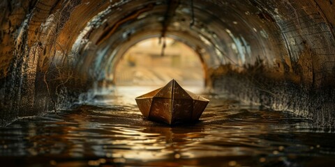 paper boat peacefully floats in the center of a tunnel, surrounded by darkness and tranquility.