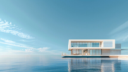 Sleek Modern Abode: A Stunning 3D Rendering of a Contemporary House Nestled Beside the Serene Sea and a Clear Blue Sky