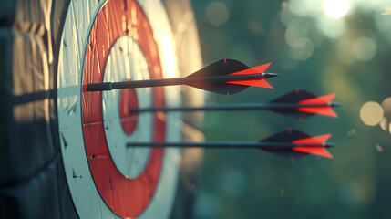Nailing the Target: Precise Arrows Hitting the Bullseye in Perfect Harmony - obrazy, fototapety, plakaty
