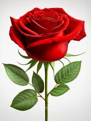 Single red rose in full bloom with green leaves presented on plain backdrop - obrazy, fototapety, plakaty
