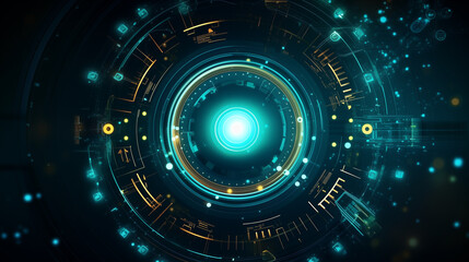 Advanced tech interface, neon blue circuits, high-tech cybernetic background