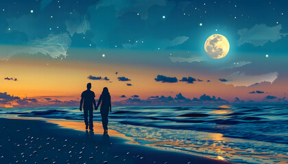 Clipart of a couple holding hands while strolling along a moonlit beachar74v60 Generative AI