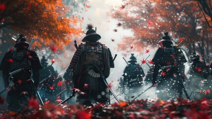 group of samurai standing carrying katana, anime style samurai warriors