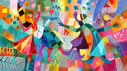 Whimsical, dancing colors illustrating the playful tune of a folk song