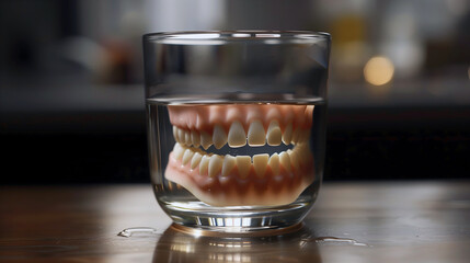 False teeth soaking in a glass of water with copy space
