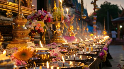 Fototapeta premium Incense, flowers, and candles on a Thai altar. Spiritual offerings in a temple for Visakha Bucha. Concept of Buddhist worship, Thai culture, spiritual offerings, and religious ceremonies.