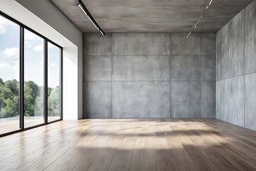  Contemporary empty concrete interior with mock up place on wall, wooden flooring, panoramic windows and daylight. 3D Rendering. 