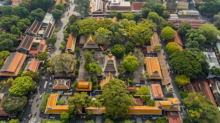 Aerial shot of Buddhist temple complex in an urban landscape. Orange-roofed temples among lush greenery. Concept of religious architecture, cultural landmark, serene environment, and urban contrast.