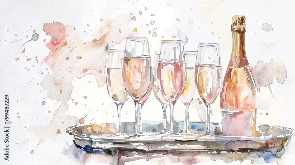 Sticker champagne bottle with flutes on aquarelle background. watercolor illustration of celebratory drinks.