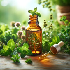 Essential oil bottle amidst fresh herbs. Dropper lies next to aromatic plants. Concept of natural wellness, aromatherapy, herbal medicine, and organic skincare.