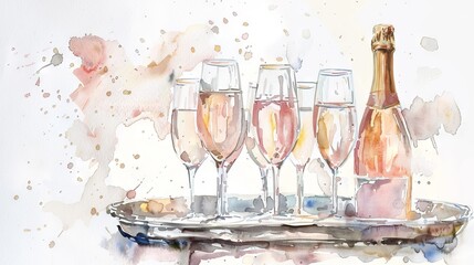 Champagne bottle with flutes on aquarelle background. Watercolor illustration of celebratory drinks. Concept of celebration, toast, elegance, festivities, romance, and New Year.
