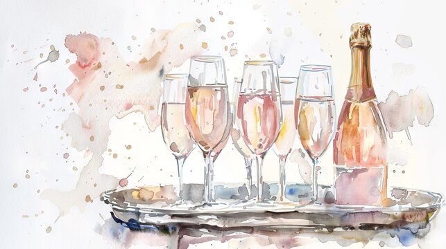 Champagne bottle with flutes on aquarelle background. Watercolor illustration of celebratory drinks. Concept of celebration, toast, elegance, festivities, romance, and New Year.