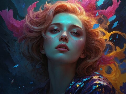 Hyperreal Mixed Media Style Portrait Illustration of a Moaning Redhead Woman, AI Generative