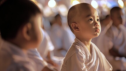 Young boy in traditional novice monk attire at temple. Contemplative look with other novices blurred in backdrop. Concept of religious upbringing, cultural rites, spiritual, Buddhist traditions