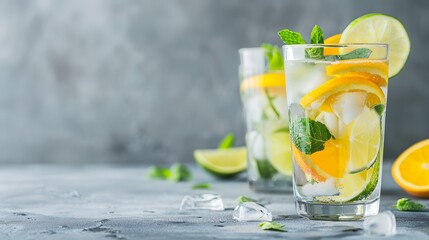 Summer healthy lemonade, cocktails of citrus infused water or mojitos, with lime lemon orange, ice and mint, diet detox beverages, in glasses on gray background. Banner
