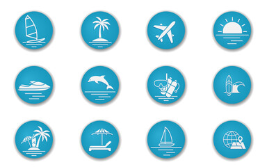 vacation round icon set. blue vector images for travel design