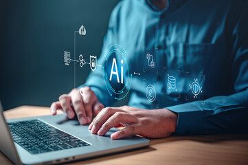 ai, future, innovation, typing, intelligence, management, marketing, optimization, software, performance. A man is typing on laptop with a large AI logo. Concept of technology and innovation.