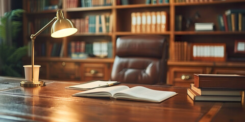 Empty lawyer desk with lamp, blurred background